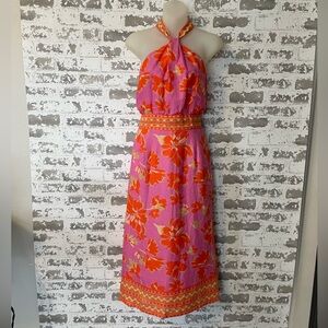 Antonio Melani Linen Halter Dress Pink Orange Floral Resort Size 12